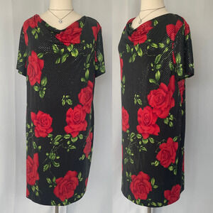 Vintage Midi Dress Plus Size 2XL 3XL Black Red Rose Floral Sparkle Romantic Y2K